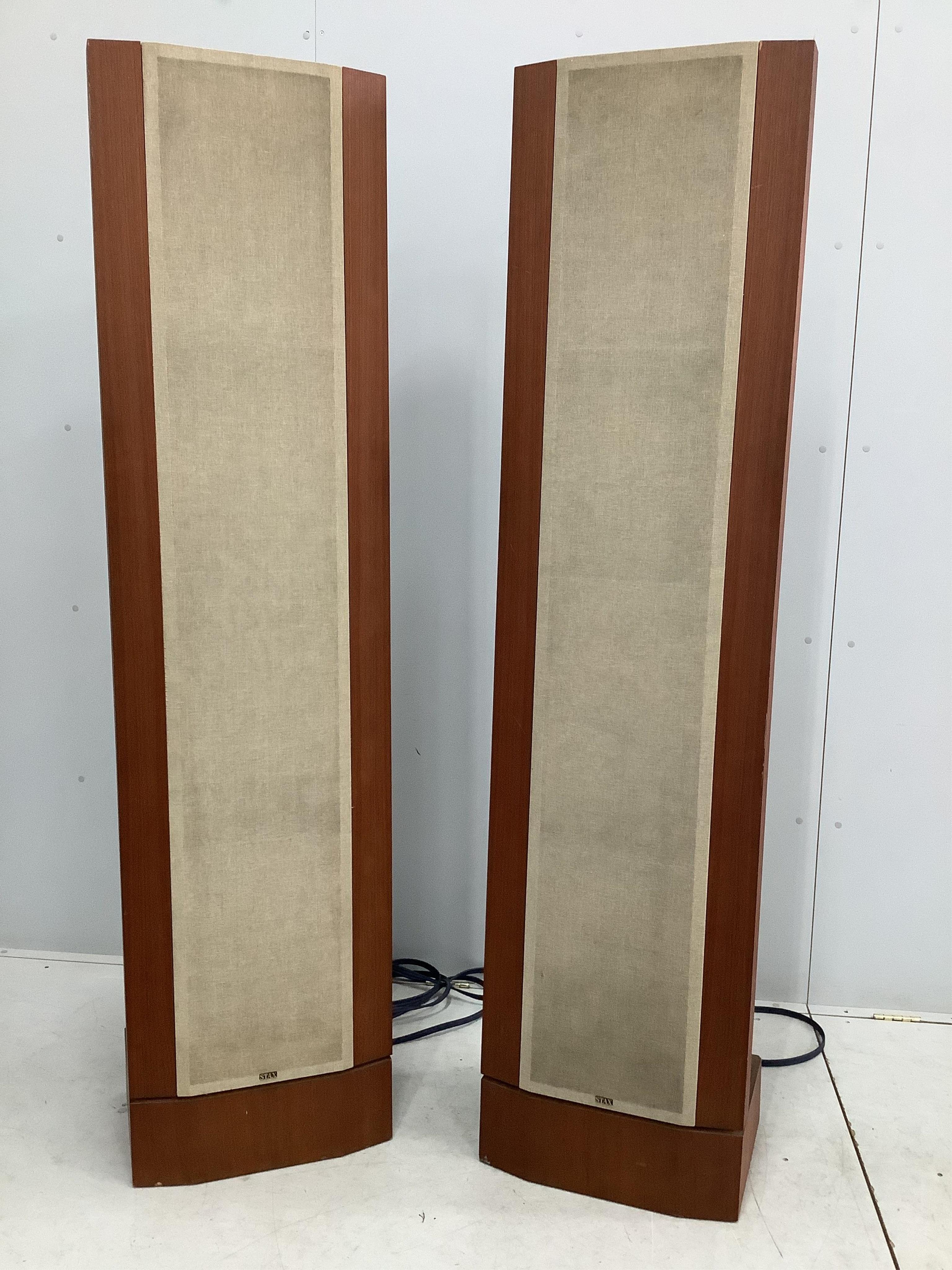 A large pair of floor standing Stax ELS-F83 Electrostatic Stereo speakers, 194cm high. Condition - fair, minor wear to fabric speaker covers, sold untested.